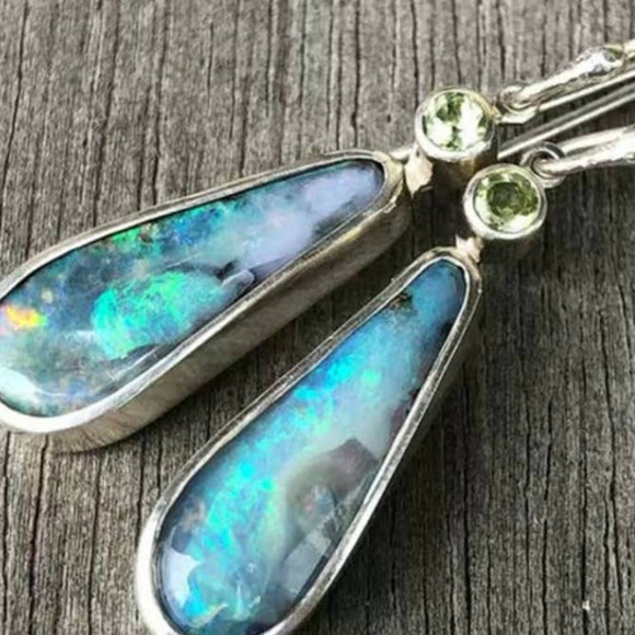 Bohemian Faux Opal Drop Dangle Earrings Light Blue Green Lightweight - Picture 6 of 9
